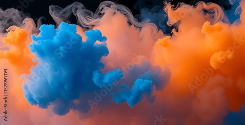 Clouds of vibrant blue and orange smoke, abstract swirling pattern, dynamic colorful background