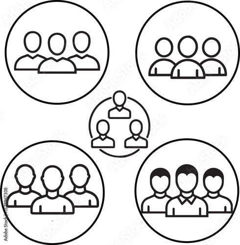 Flat design icon of three user avatars representing a community or group, outlined icon sheet EPS, PNG. JPG for Mobile app and web app.