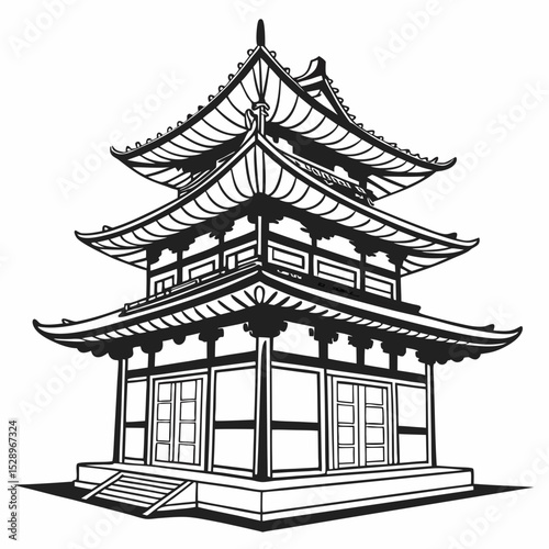 Detailed Illustration of a Traditional Japanese Pagoda
