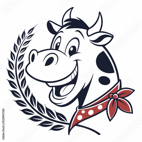 Smiling Cartoon Cow Head with Laurel Wreath and Bandana