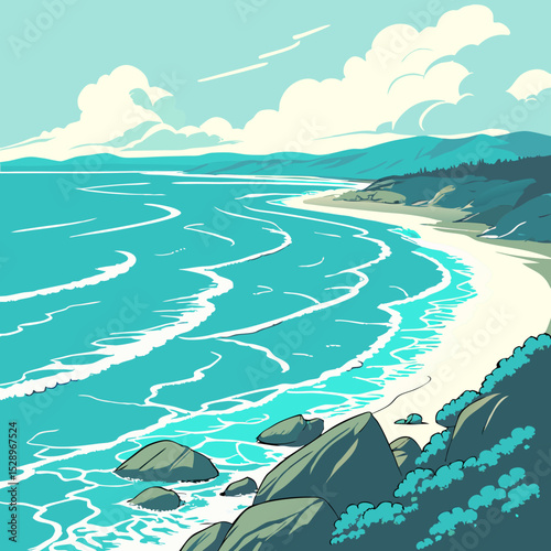 Coastal Scene with Turquoise Waves and Rocky Shore