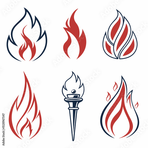 Collection of stylized fire and torch icons