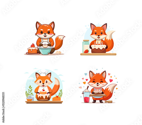 Cute Fox baking a cake