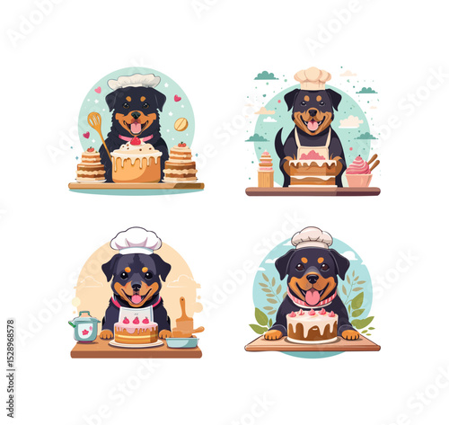 Cute Rottweiler baking a cake