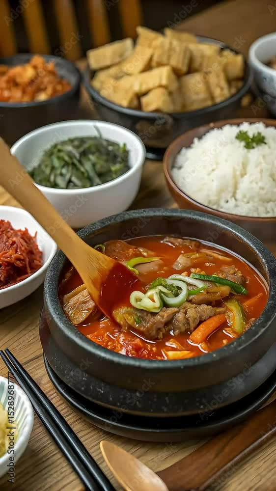 A sizzling cast-iron pan overflows with spicy fried tripe and pork dakdoritang, chili flakes crackling as a wooden spoon stirs vigorously, sending aromatic steam upward while fresh kimchi and steamed 