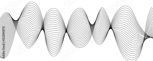 Abstract monochromatic wave pattern with smooth, flowing curves. Shades of grayscale, from light to dark,Frequency sound wave lines and technology curve lines. Wavy banner, template design.