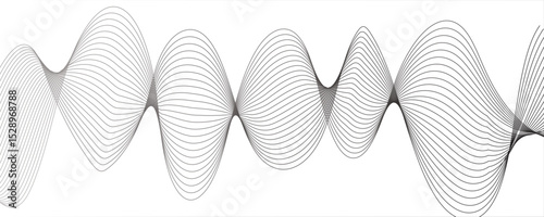 Abstract monochromatic wave pattern with smooth, flowing curves. Shades of grayscale, from light to dark,Frequency sound wave lines and technology curve lines. Wavy banner, template design.