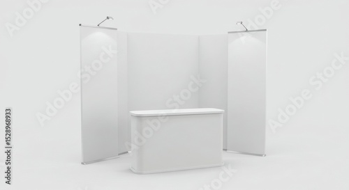 Empty white exhibition stand with blank roll-up banners. Modern display booth setup for a trade show.