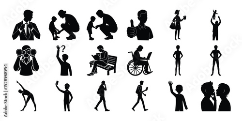 Silhouettes of people including men women and a woman in a swimsuit in various poses