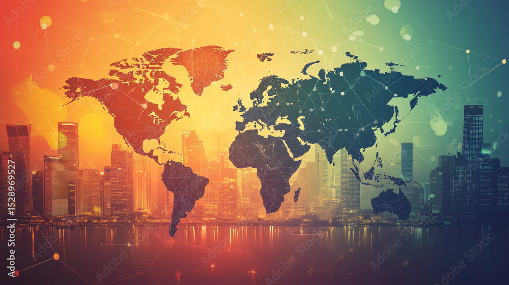 Obraz premium Digital world map overlay on a modern city skyline at sunset, symbolizing global connectivity, international networks, and the integration of technology in the urbanized, interconnected world