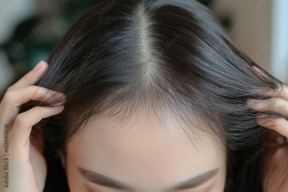 Serious Asian woman holding her hair, showing significant hair loss after brushing, highlighting health or beauty treatment concerns., Generative AI Serious Asian woman holding her hair, showing significant hair loss after brushing, highlighting health or beauty treatment concerns., Generative AI