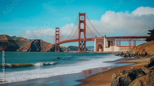 Golden Gate Bridge Viewed from Sandy Shoreline Under Vibrant Blue Sky with Rolling Waves

