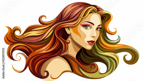 Beautiful woman in profile with long and shiny wavy hair . Beauty model girl with curly hairstyle . Very beautiful White background