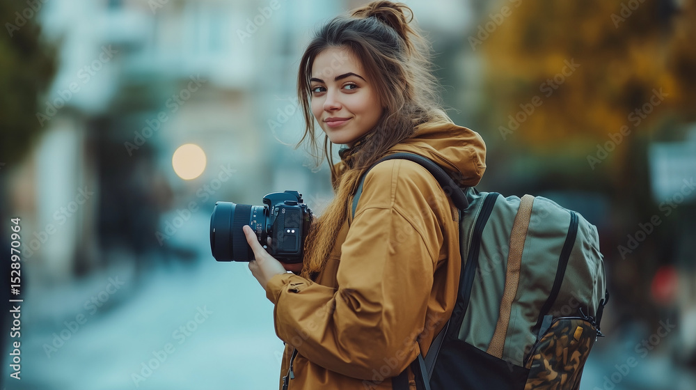 Fototapeta premium Smiling young female traveler with backpack and camera exploring city streets in autumn, wearing a brown jacket, enjoying solo travel and street photography during her urban adventure