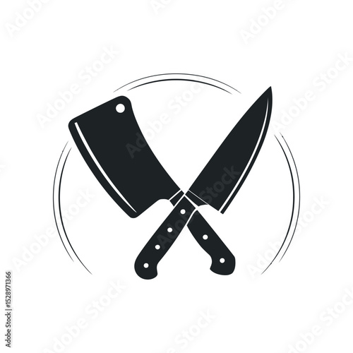 Butcher Knife and Cleaver Crossed in a Circular Frame Black and White Food Preparation Concept Kitchenware Illustration