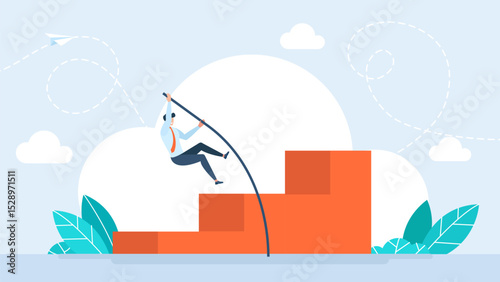 A businessman is pole vaulting onto the podium. Business growth, improvement or high percentage increase of earning and profit. Concept of Business increase earning and profit. Vector illustration
