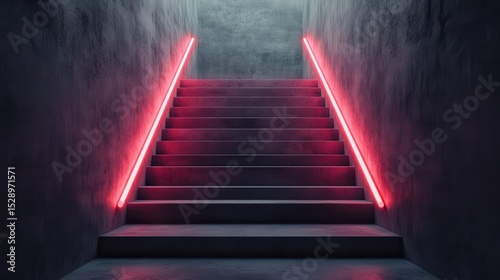 An artistic view of a staircase illuminated with vibrant neon lights  creating an intriguing contrast against the dark textured walls  perfect for a modern aesthetic.
