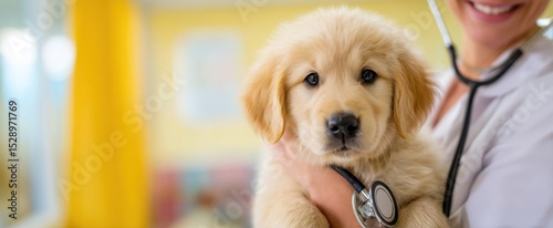 The adorable golden retriever puppy being examined by a caring veterinarian. photo