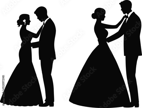 Elegant Bride and Groom Silhouettes: Romantic Wedding Couples in Various Poses, Perfect Vector Illustrations for Love, Marriage, Celebration, and Special Occasion Designs