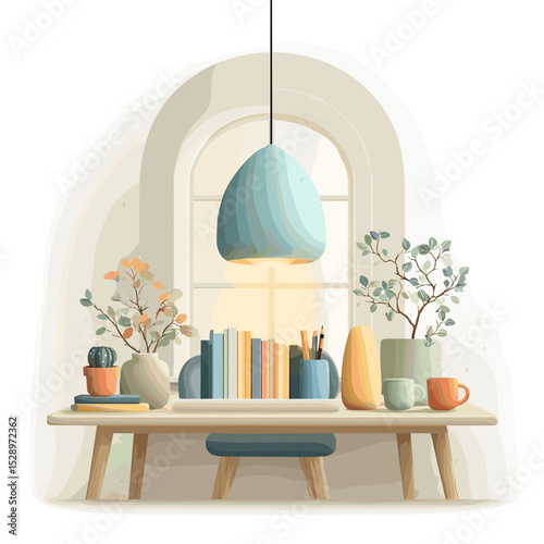 Stylish home interior, cozy atmosphere, modern desk decor, with hanging lamp and plants