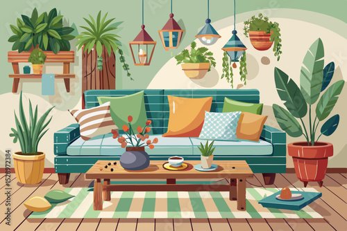 vector of A cozy living area with a pallet sofa with cushions, a rustic wooden coffee table, decorative plants and a clear background creates a calm and welcoming atmosphere.