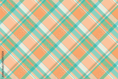 1940s textile vector check, worn pattern plaid seamless. Tracery background tartan fabric texture in orange and teal colors.