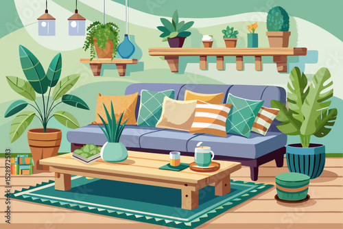 vector of A cozy living area with a pallet sofa with cushions, a rustic wooden coffee table, decorative plants and a clear background creates a calm and welcoming atmosphere.