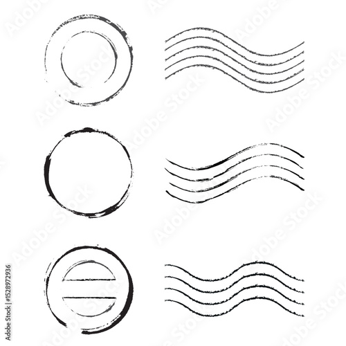 Postage stamp. Set of round and wavy stamps. Blank grunge postage postmark. Empty mail delivery template.