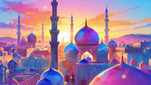 Beautiful watercolor painting of an islamic city at sunset with colorful domes and minarets