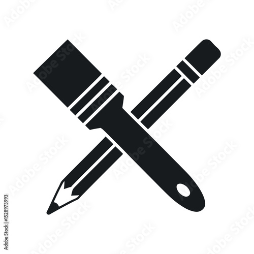 Crossed Paintbrush and Pencil Icon Symbolizing Art Design Creativity and Craftsmanship in Black and White Minimal Style