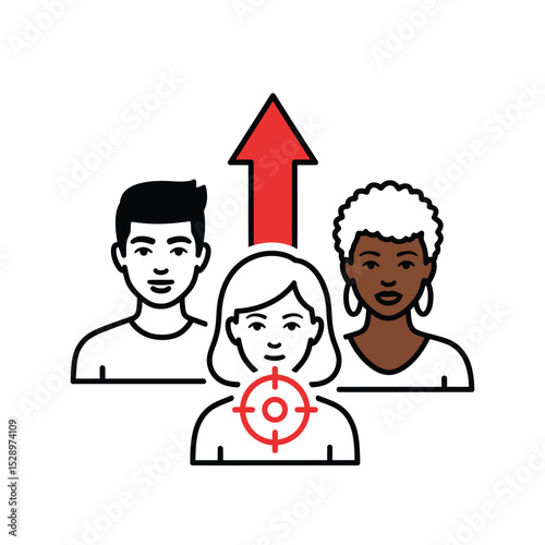 Diverse team with target focus on woman and upward arrow