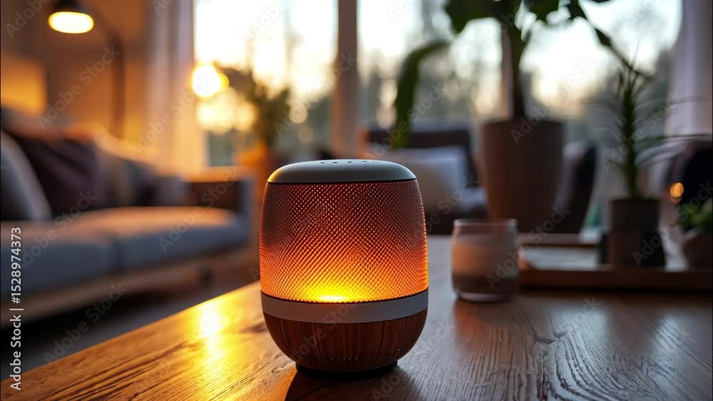Aromatic oil diffuser glowing on a table in cozy room with warm ambient light and calm vibes