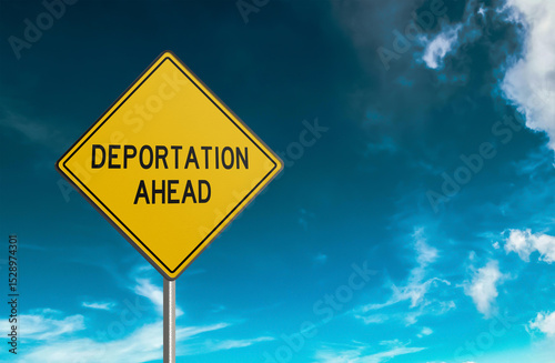 Yellow Deportation Ahead Warning Road Sign with clouds background