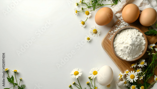 Eggs flour and flowers on a white surface suggesting baking ingredients.