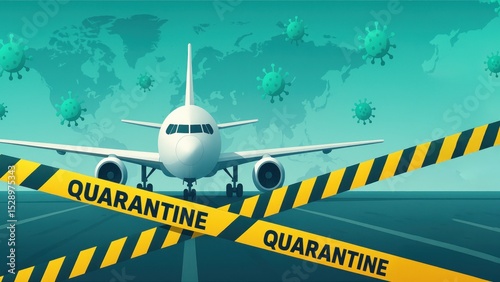 Grounded airplane on empty runway covered in glowing quarantine tape with floating virus symbols, showing covid restrictions and visa cancelled