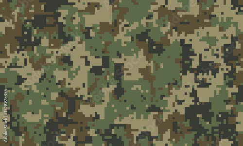 Abstract digital camouflage pattern.  Perfect for backgrounds, textures, or militarythemed designs.  Earthy tones blend seamlessly for a versatile, modern aesthetic.