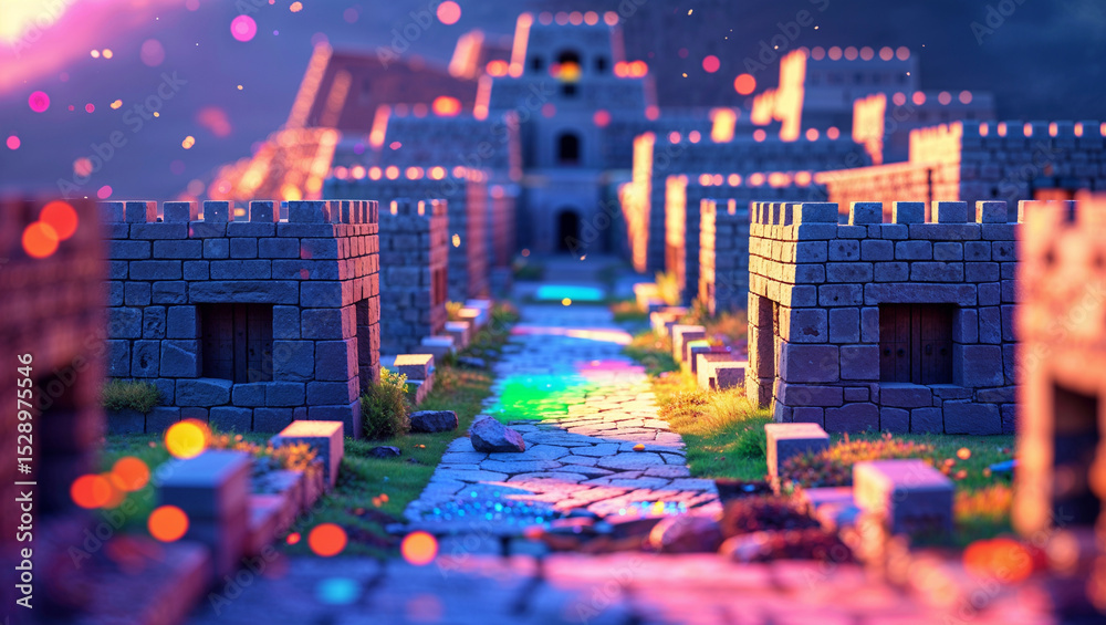 Obraz premium Enchanting fantasy castle illustration featuring a colorful stone pathway and bokeh effect