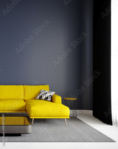 Modern home and livin room with cozy yellow sofa mockup on blue pattern wall background. 3d rendering