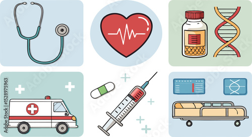 Professional medical vector icons clean outline set featuring stethoscope, heart monitor, syringe, pill bottle, hospital bed, DNA strand, and ambulance on a white background.