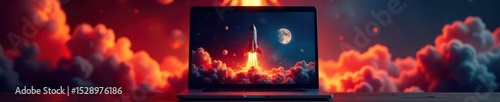 Laptop with rocket ship graphic on screen, fiery background, burn, mission, cosmos