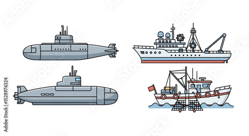 Collection of Modern Submarines and Fishing Vessels Icons