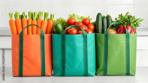 Reusable grocery bags filled with fresh vegetables