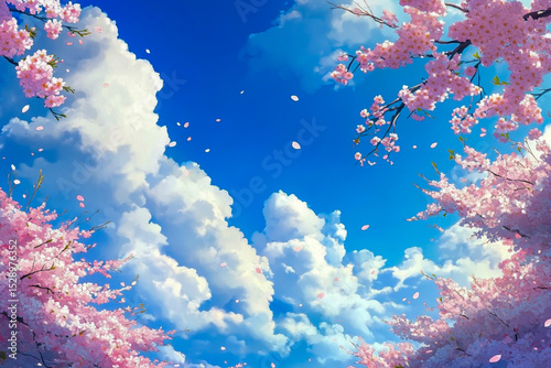 A serene springtime landscape with a clear blue sky scattered with soft white clouds and vibrant cherry blossoms in full bloom, evokes a sense of natural beauty.