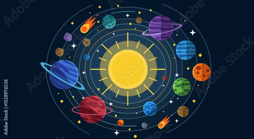 Flat Design Solar System with Planets, Comets, and Stars