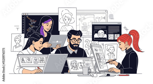 Diverse Team Collaborating in a Virtual Online Workspace