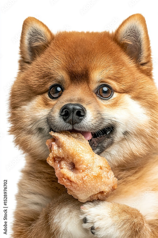 Obraz premium Pomeranian dog holding fried chicken leg 