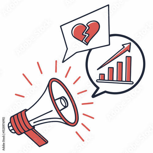 Megaphone with Red Arrow and Symbols Representing Love Business and Success