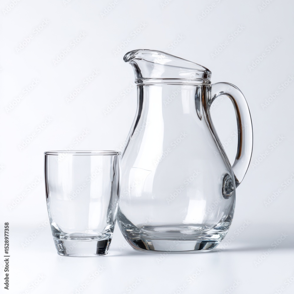 Elegant clarity of a clear pitcher and tumbler in soft light on a minimalist white backdrop – commercial concept image Elegant clarity of a clear pitcher and tumbler in soft light on a minimalist white backdrop – commercial concept image