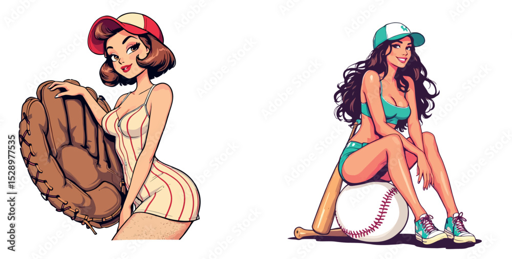 Vsai two pin up girls posing with baseball equipment, glove and bat