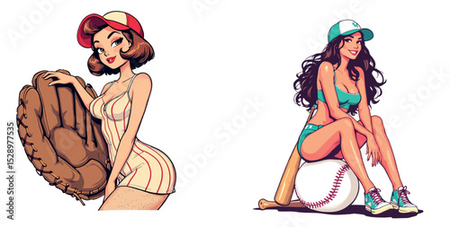Vsai two pin up girls posing with baseball equipment, glove and bat